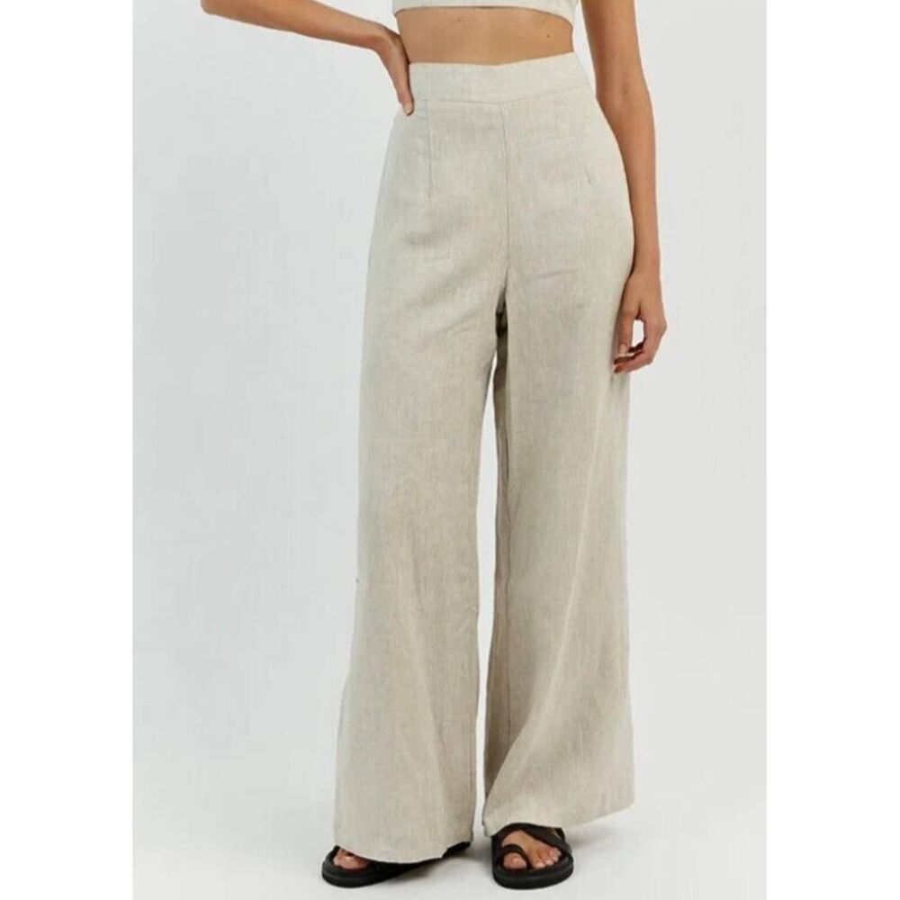 Wide Leg Linen-Blend Pants in Light Beige